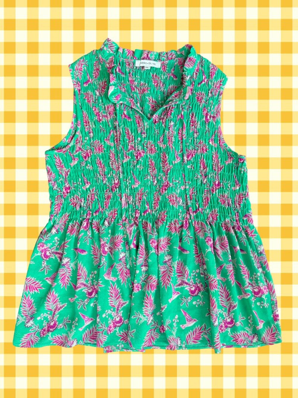Rose + Olive Green Pink Floral Smocked Peplum Top Size M